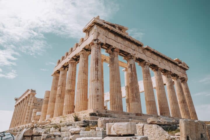 The weathered ruins of the Parthenon in Athens.