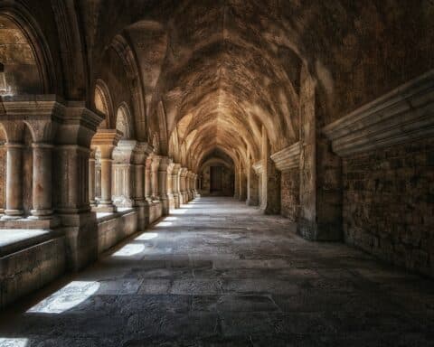 A dark vaulted passage in an old monastery.