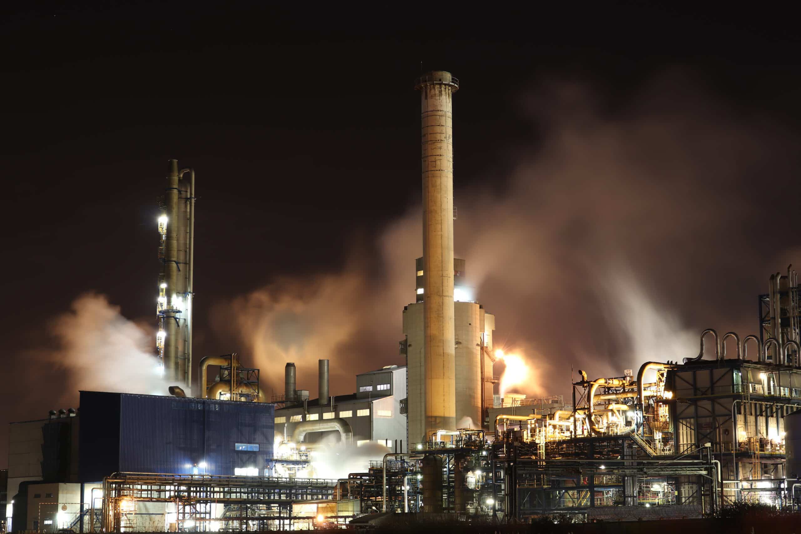An oil refinery in the night.