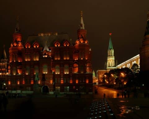 Red Square and the Kremlin at night in Moscow, Russia.
