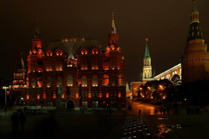 Red Square and the Kremlin at night in Moscow, Russia.