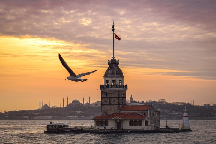 A medieval building with a tower on a small island near Istanbul, Turkey.