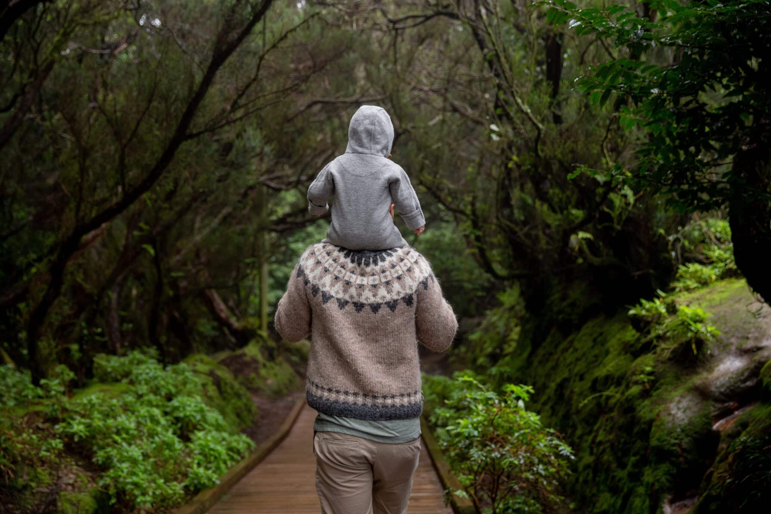 A man walking down a wooden pathway in a deep forest, carrying a small child on his shoulders.
