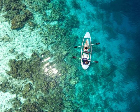 A couple paddling in a kayak.