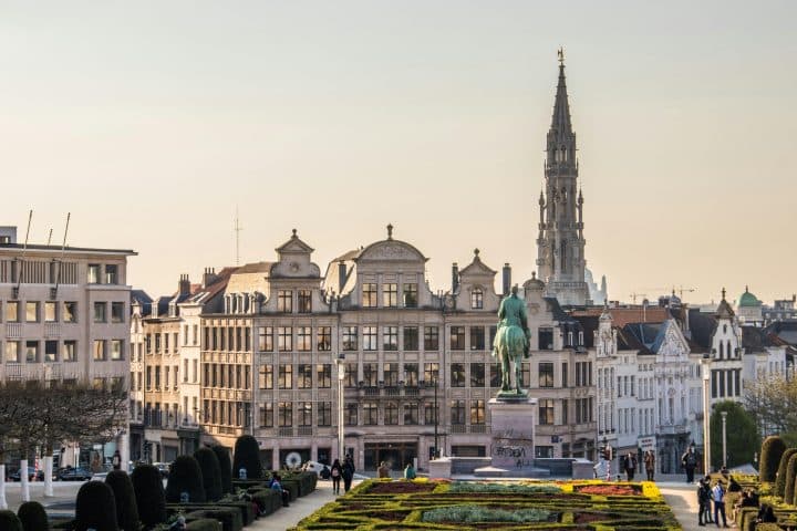 A view of a town square with a garden in Brussels, Belgium.