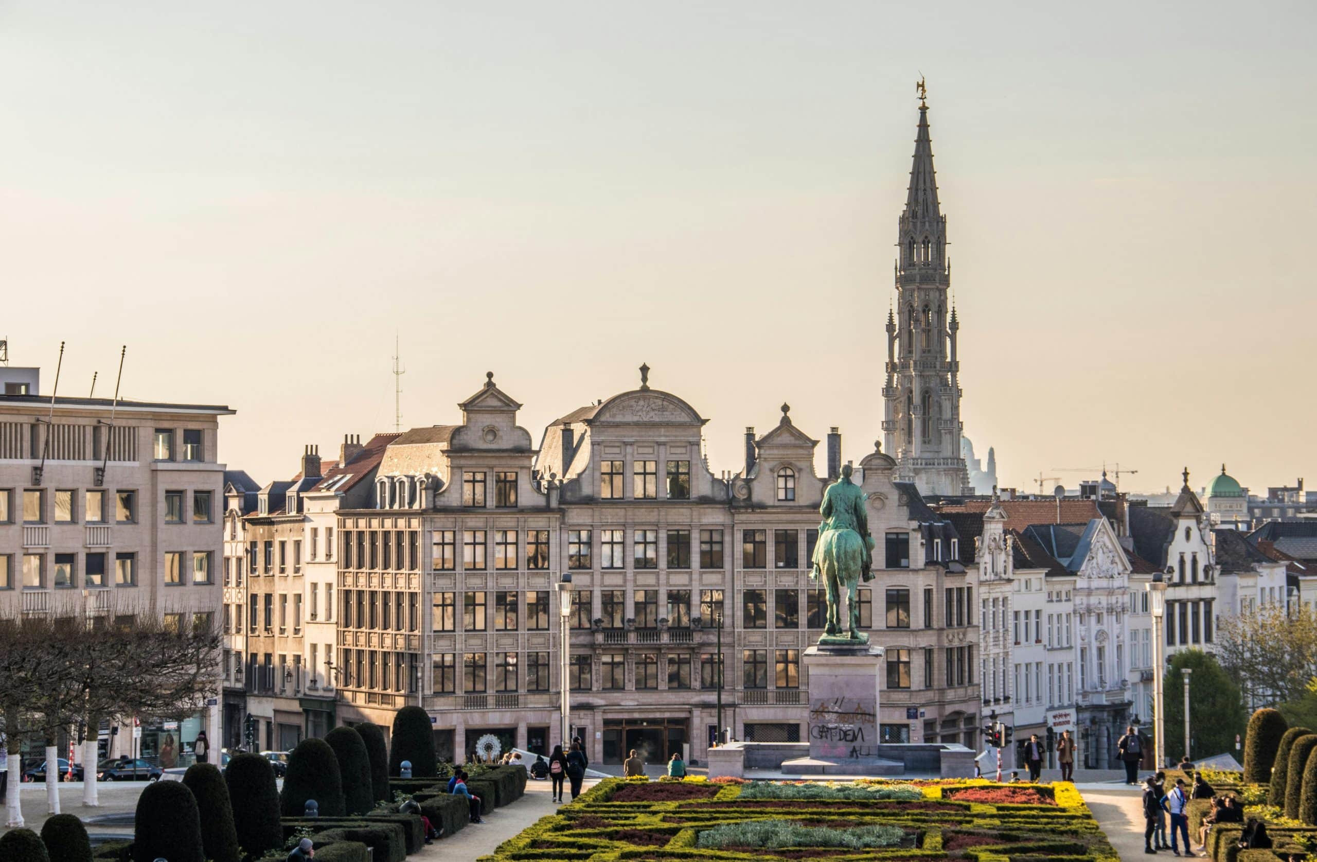 A view of a town square with a garden in Brussels, Belgium.