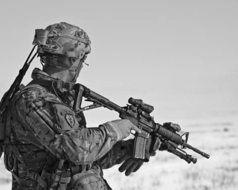 Soldier scouting the landscape, rifle in hand.