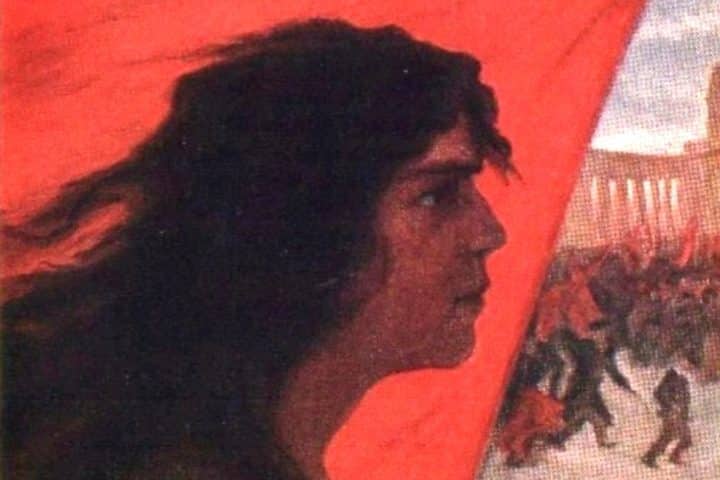 Painting showing that "The revolution is coming". A woman marches in front of a red flag while behind her, a great many people are battling in the centre of a city.