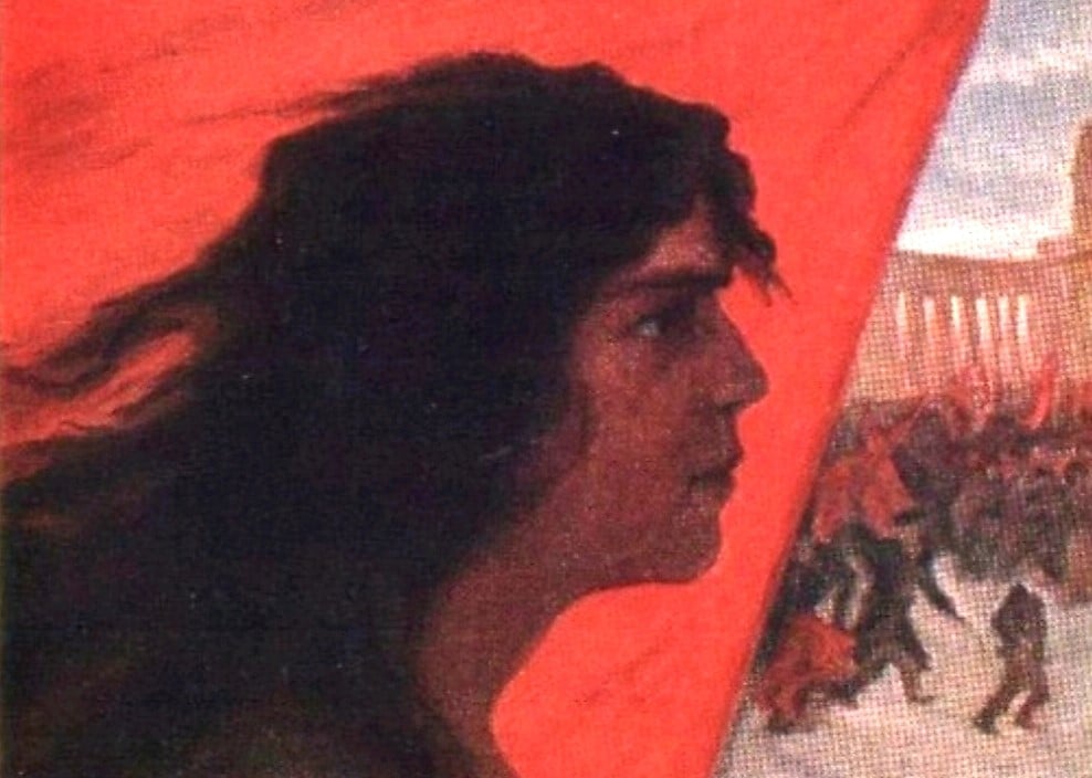 Painting showing that "The revolution is coming". A woman marches in front of a red flag while behind her, a great many people are battling in the centre of a city.