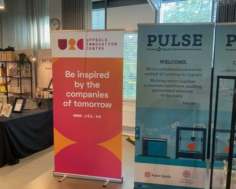 Two banners, one showcasing Uppsala Innovation Day, the other a 3D printing company called Pulse.