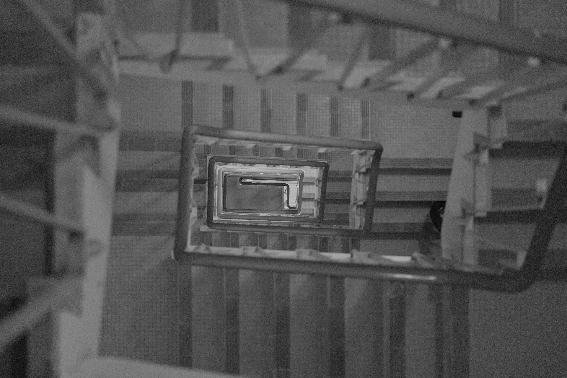 Staircases spiraling down.