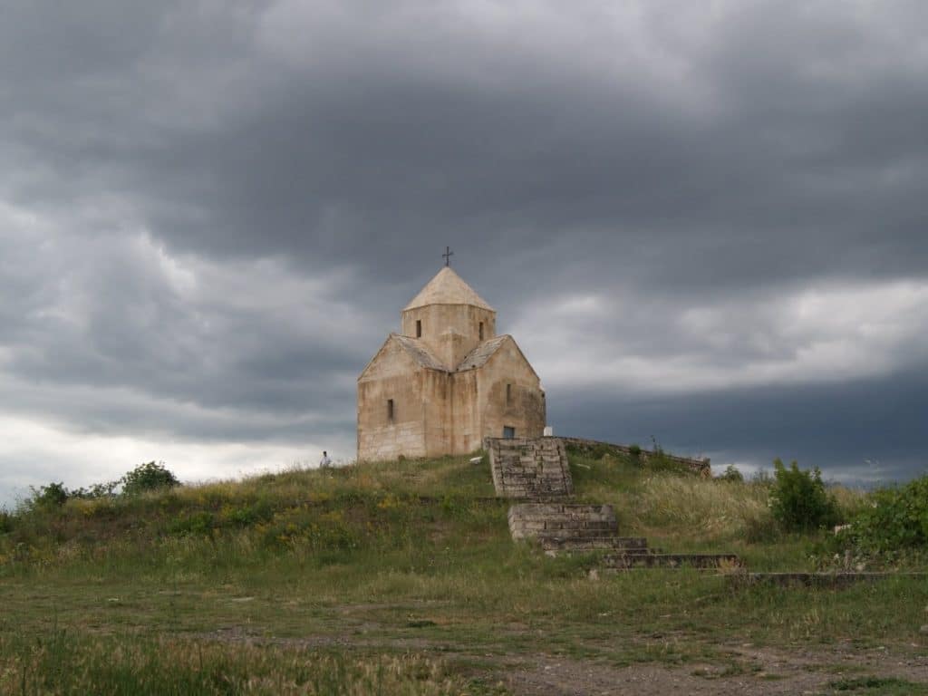 An old church stands on a hill in Nagorno-Karabakh, formerly Armenia, now Azerbaijan.