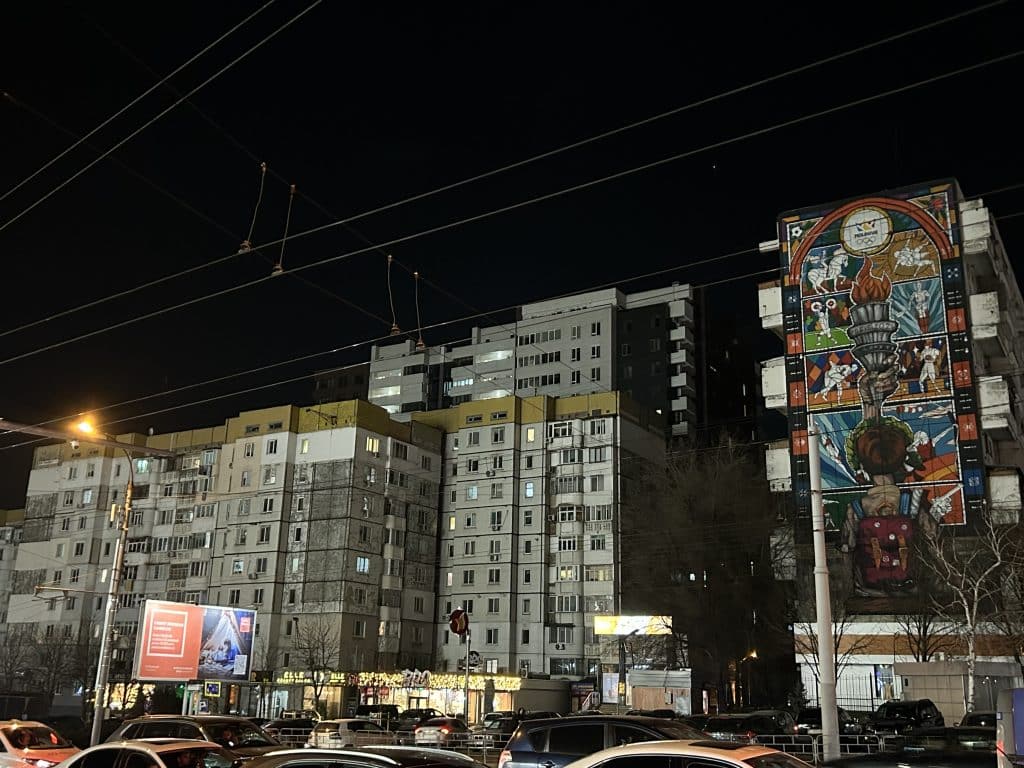 Typical grey Soviet apartment blocks.