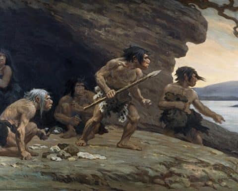 A painting of "Neanderthal Flintworkers".