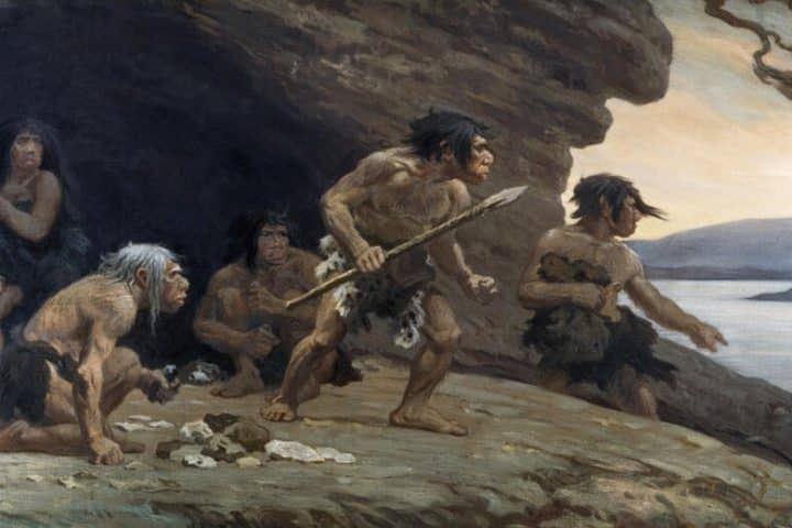 A painting of "Neanderthal Flintworkers".