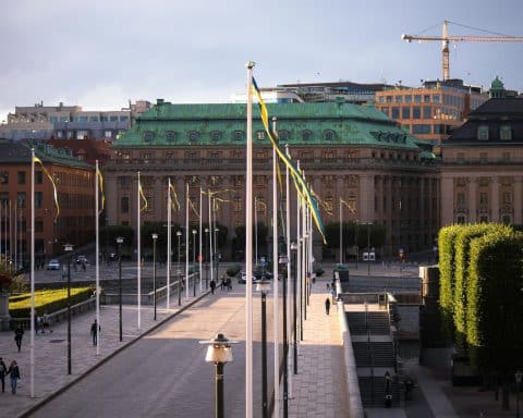 Flags waving in Stockholm.