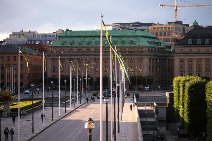 Flags waving in Stockholm.