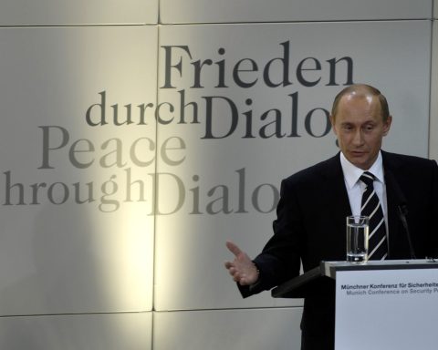 President Vladimir Putin delivering his speech at the Munich Security Conference, 2007.