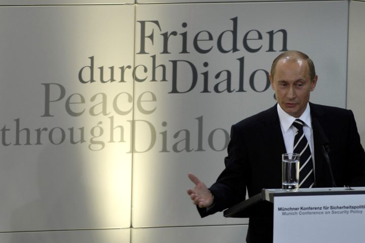 President Vladimir Putin delivering his speech at the Munich Security Conference, 2007.