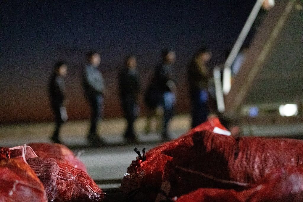 People in a line being boarded on a plane, to be deported.